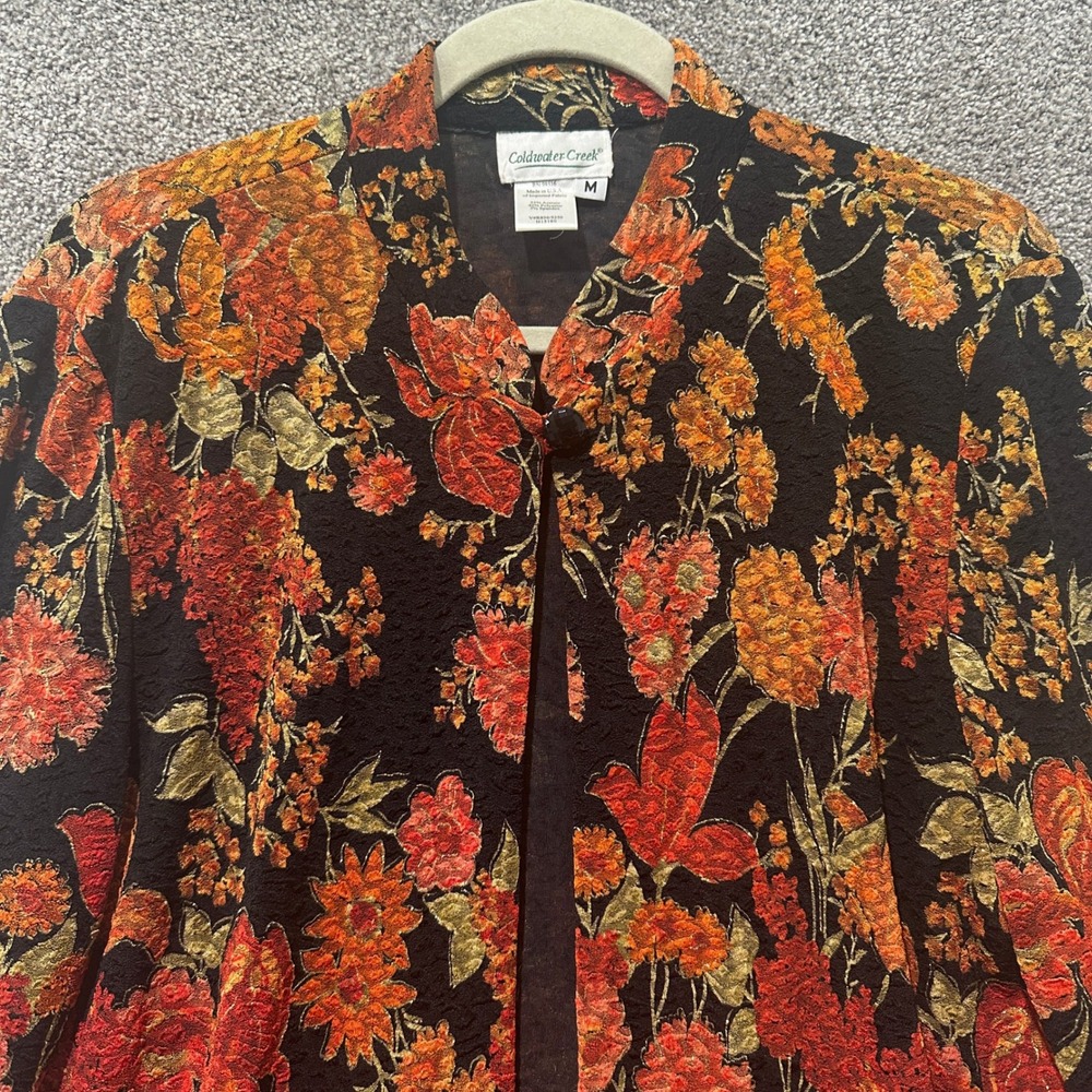Coldwater Creek Womens M Floral Brocade Open Front Cardigan Jacket Black Orange - Picture 7 of 10
